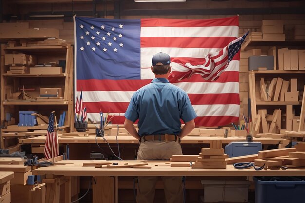 A shot of carpenter from behind at workplace with american flag colorful illustration of labor day