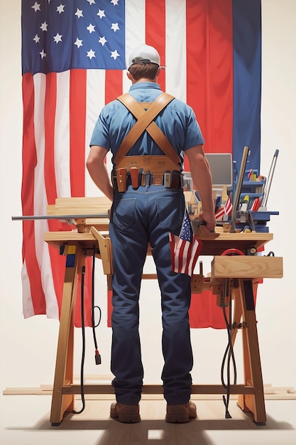 Foto un colpo di carpentiere da dietro sul posto di lavoro con l'illustrazione colorata della bandiera americana della festa del lavoro