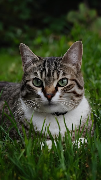 shot Close up of cat with green eyes lying in grass Vertical Mobile Wallpaper