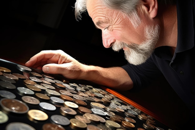 동전 수집가가가 자신의 동전을 만족스럽게 바라보는 사진이 생성 AI로 만들어졌습니다.