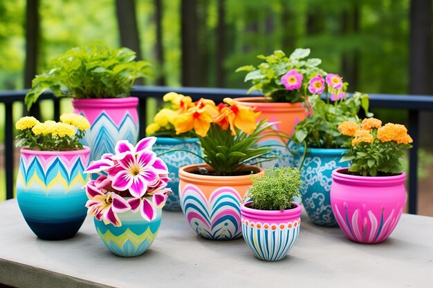 A shot of a collection of DIY painted ceramic pots