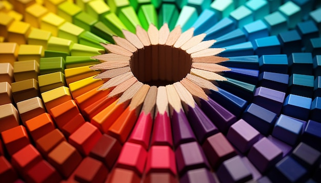 Photo shot of a color wheel made entirely from colored pencils