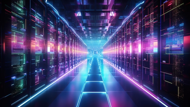 Shot of corridor in working data center filled with rack servers and supercomputers AI background