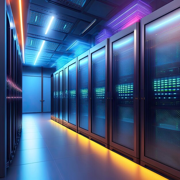 インターネット接続が可能なラック サーバーとスーパーコンピューターでいっぱいの稼働中のデータ センターの廊下のショット V