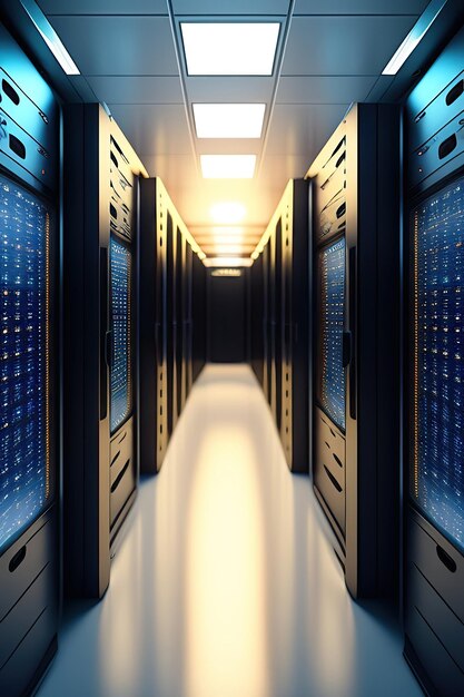 Shot of Corridor in Working Data Center Full of Rack Servers and Supercomputers with High Internet V