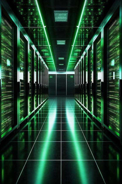 Shot of corridor in working data center full of rack servers and supercomputers with high speed