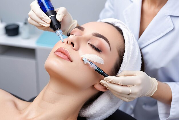 スパセンターで美容師がスパセンターで顔を若返らせるためにダーマペンでメソセラピー注射をしている写真