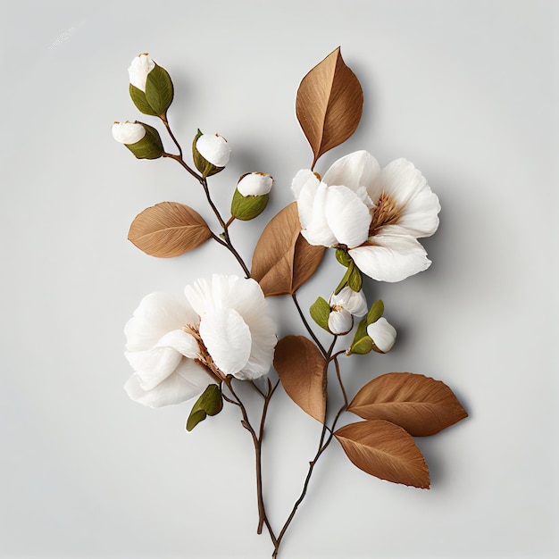 A shot of a cotton branch with leaves on a white background Generative AI