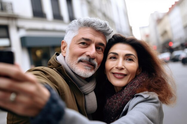 Shot of a couple standing together and taking selfies on the street