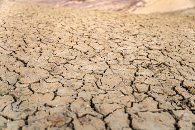 shot of cracked soil ground of dried lake or river in mountains Land destroyed by erosion and global warming ecological issues concept