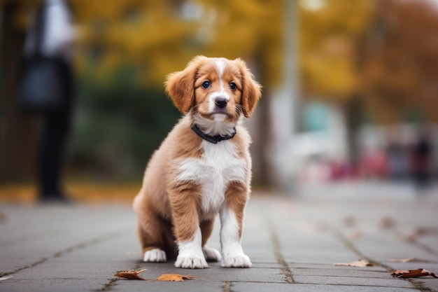 Shot of a cute puppy standing outside created with generative ai