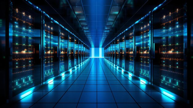 shot of a dark data center with multiple rows of fully functional server racks modern telecommunications cloud computing artificial intelligence database supercomputer