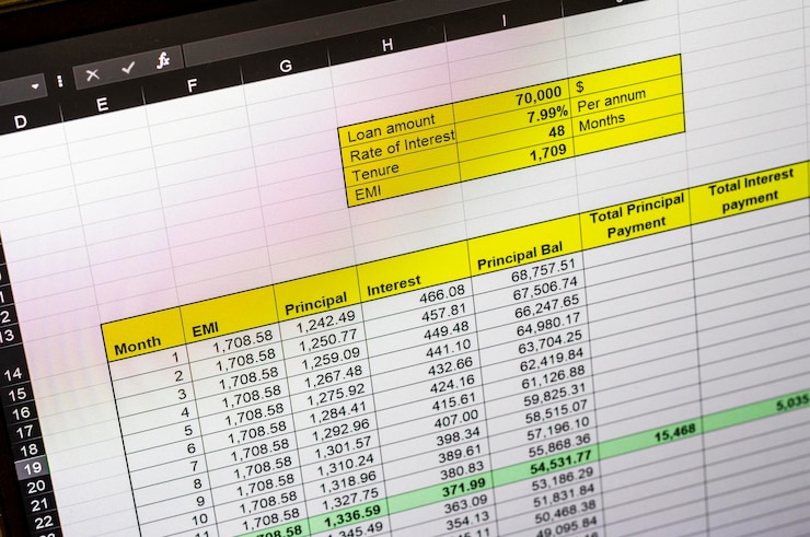Photo shot of an dark mode excel sheet on computer screen showing bank loan amortization table banking