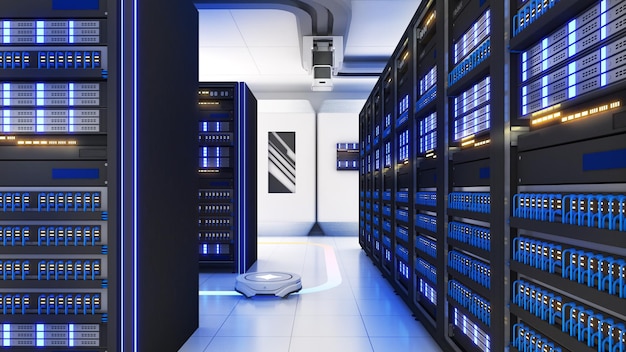 Shot of Data Center With Multiple Rows of Fully Operational Server Racks Modern Telecommunications Artificial Intelligenceserver room3d rendering