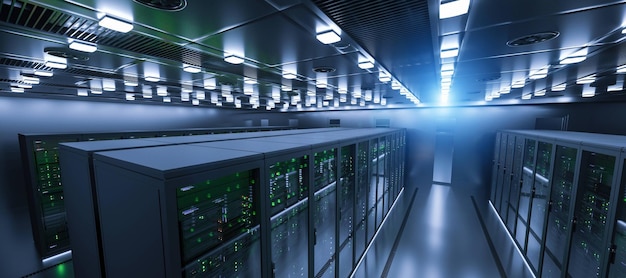 Shot of data center with multiple rows of fully operational\
server racks modern telecommunications cloud computing artificial\
intelligence database super computer technology concept image