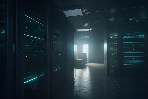 Photo shot of data center with multiple rows of fully operational server racks modern telecommunications neural network ai generated