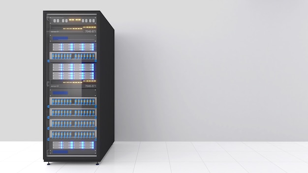 完全に稼働しているサーバーラックの複数の列を持つデータセンターのショット