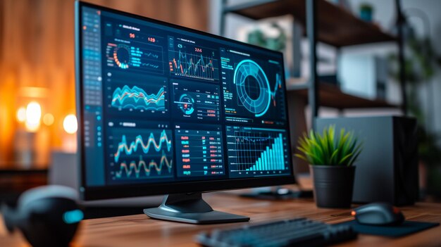 Photo shot of a desktop computer in the creative modern office monitor screen shows company growth data with graphs charts software ui in the background young professional using smartphone