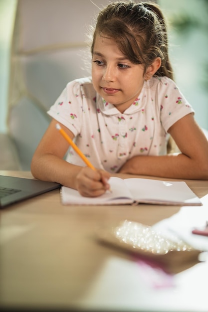 Shot of a diligent little girl doing a homework assignment at home during COVID-19 pandemic.