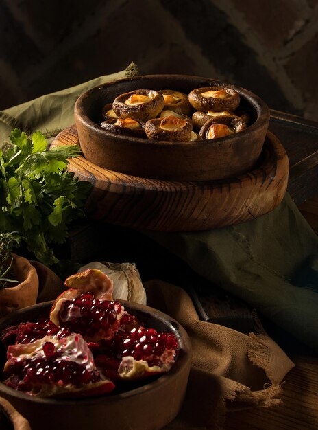 Shot of a dish and pomegranates