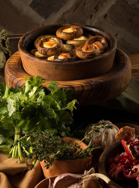 Photo shot of a dish and pomegranates