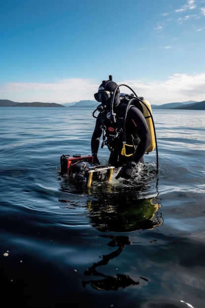 Shot of a diver surfacing from the water with his equipment