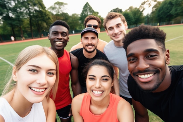 Foto scatto di un gruppo diversificato di amici che si fanno un selfie mentre fanno sport al parco