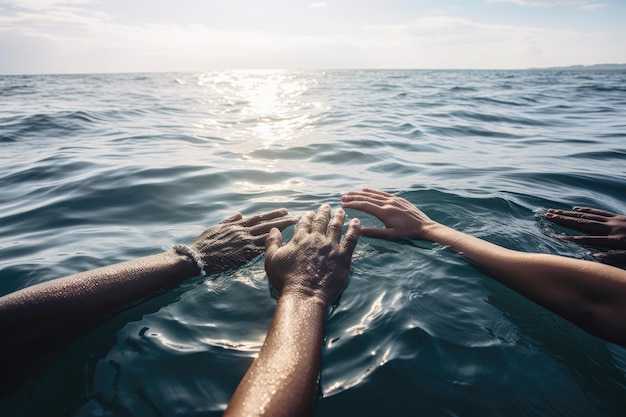 Снимок разнообразной группы людей, держащихся за руки в море, созданный с помощью генеративного ИИ