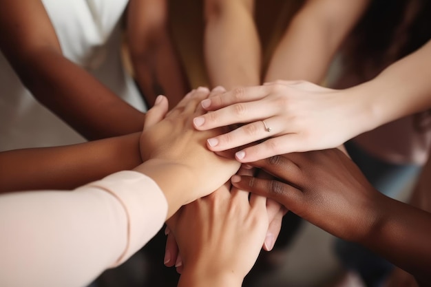 Shot of a diverse group of people joining their hands together in unity created with generative ai