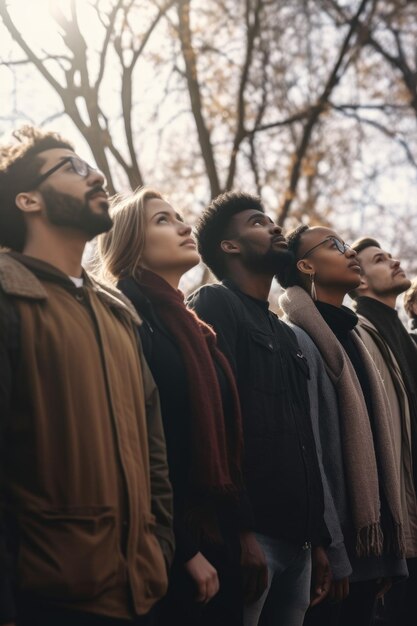 Shot of a diverse group of people standing together outdoors created with generative ai