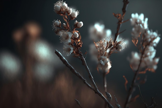 흐릿한 배경을 배경으로 나뭇가지에 초점을 맞춘 마른 흰 꽃의 사진