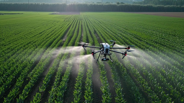 Shot of drone assisted crop spraying above plants