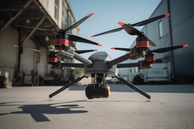 Shot of a drone parked with its propellers spinning created with generative ai