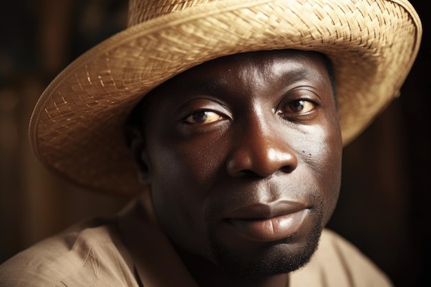 Shot of an ethnic african man wearing straw hat created with generative ai