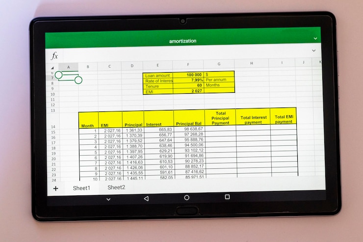 Photo shot of an excel sheet on tablet screen showing bank loan amortization table finance