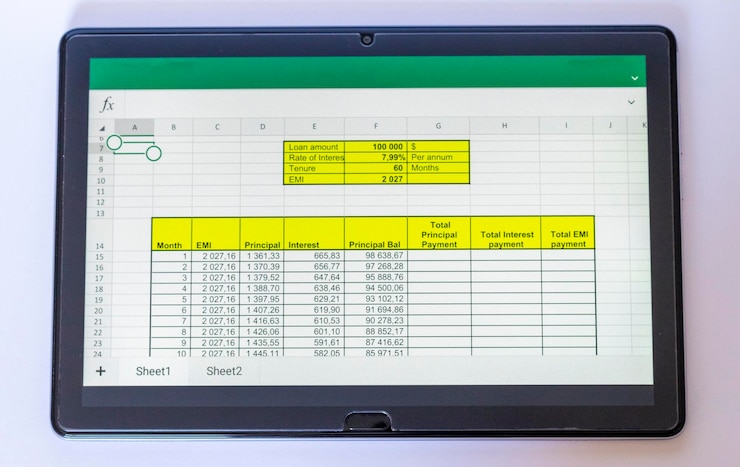Photo shot of an excel sheet on tablet screen showing bank loan amortization table finance