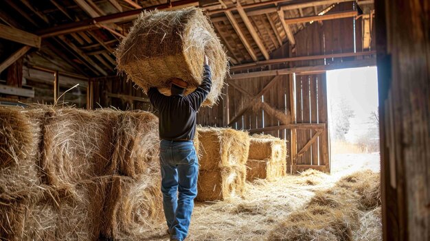 Shot of a farmer carrying bales of hay into a barn loft