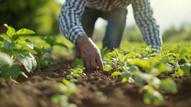 Photo shot of a farmer delicately planting young plant in rows