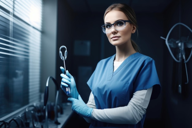 Shot of a female dentist holding dental tools created with generative ai