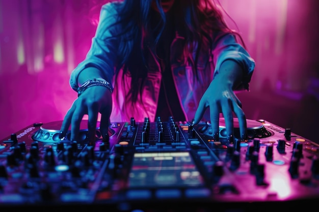 Photo shot of a female dj playing music in the club