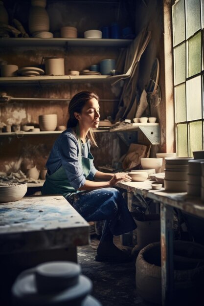 Photo shot of a female pottery artist working in her studio created with generative ai