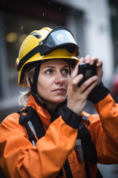 携帯電話を使って保険の写真を撮る女性救助隊員の写真