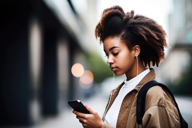 Shot of a female student using her smartphone in the city created with generative ai