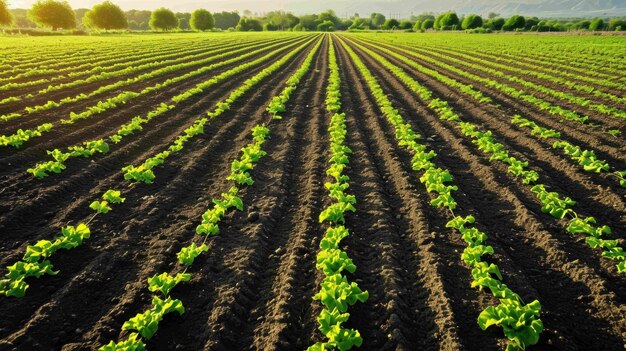 Shot of a field with rows of recently germinated crops