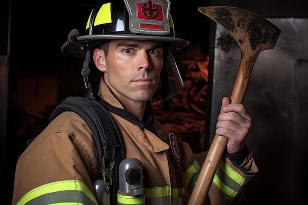 Shot of a firefighter holding an axe and wearing a helmet created with generative ai