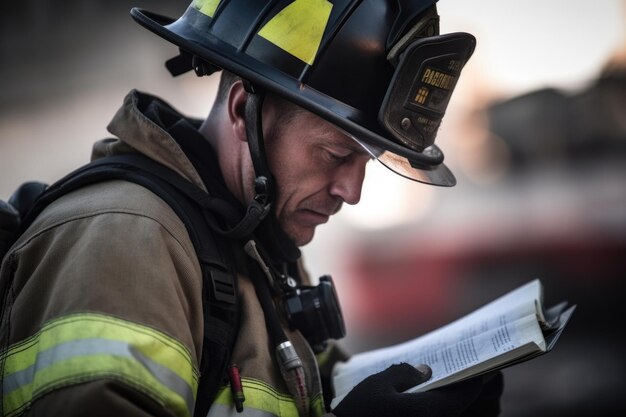 Shot of a firefighter reading something on his digital tablet created with generative ai