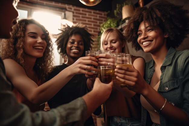 Photo shot of friends toasting with drinks at a party created with generative ai