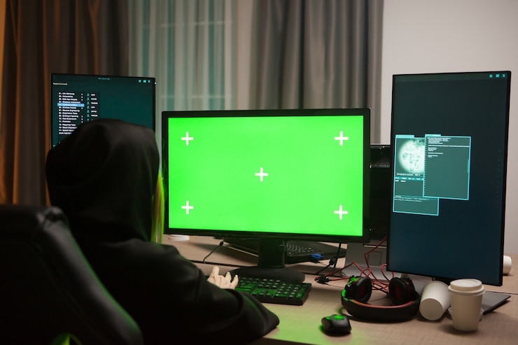 Photo shot from behind of female hacker writing a virus on computer with green screen.