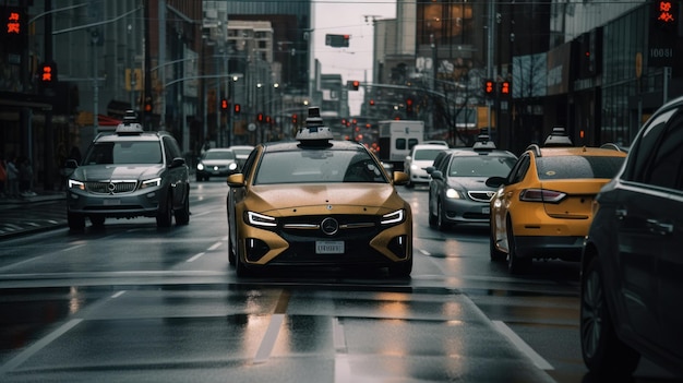 Shot of a futuristic selfdriving car moving on a public way in a modern city ai generative