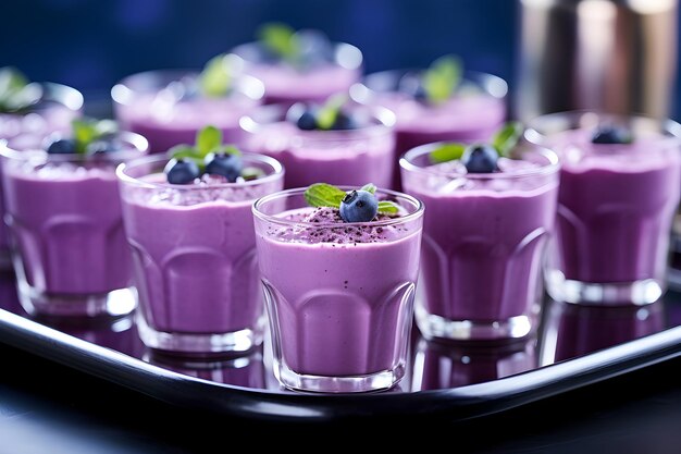 A shot glass containing blueberry smoothie